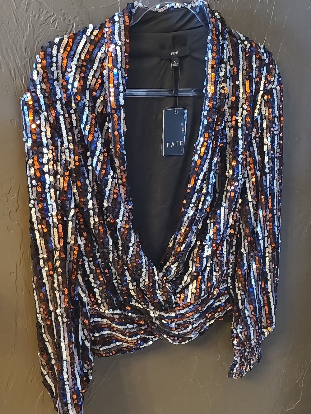 Fate Black V-Neck Sequin Sweater with Silver, Navy & Orange Accents